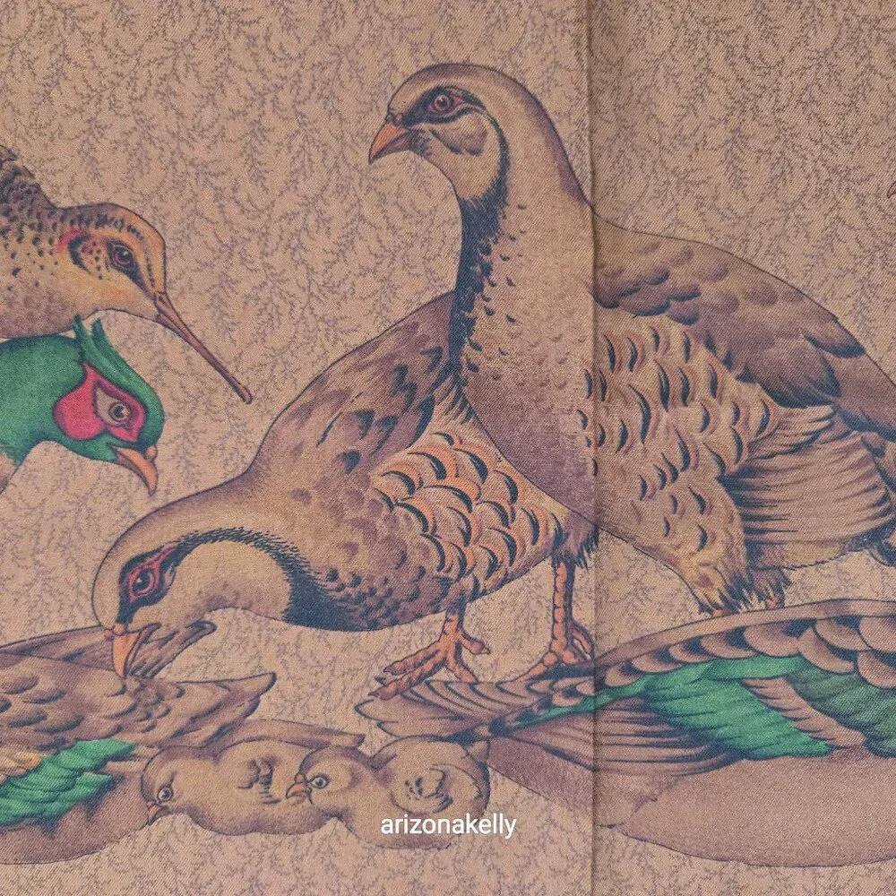 Large Silk Scarf Tan With Game Birds Made in Italy